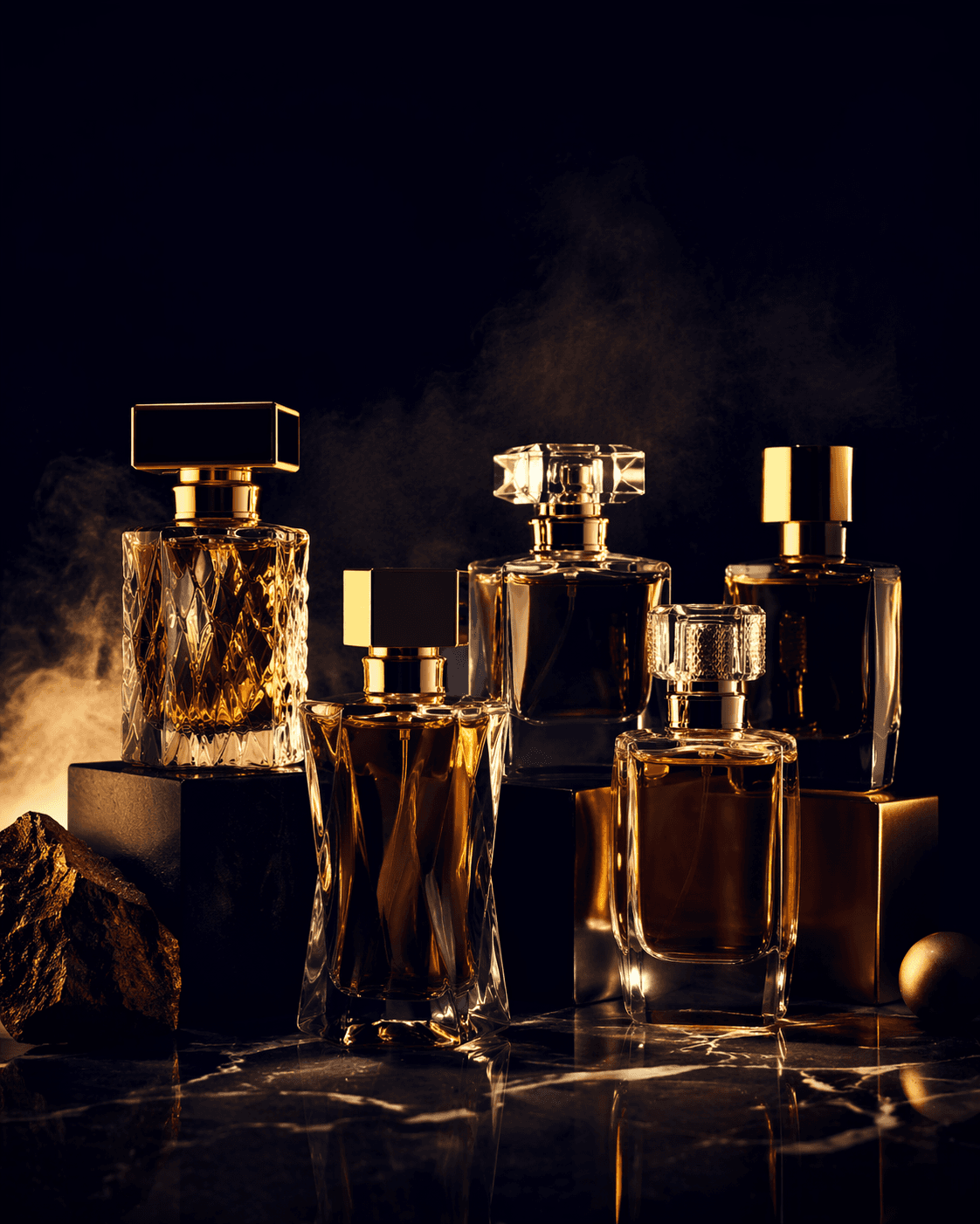 Frascos de perfume em fundo escuro com luz dourada