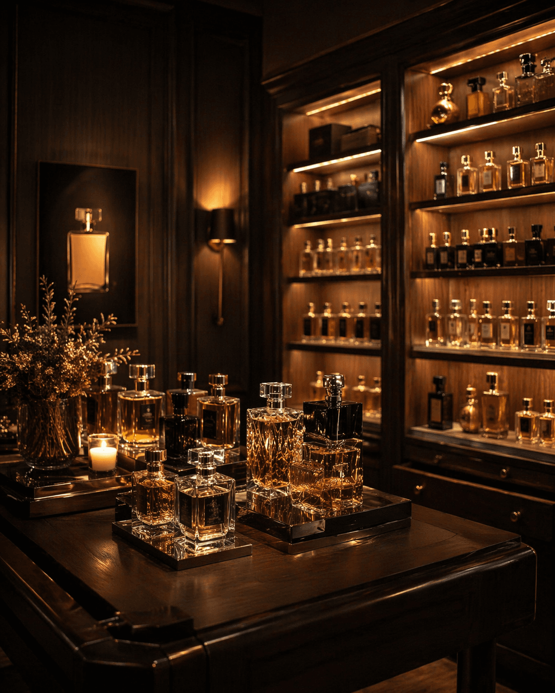 Studio elegante de perfumaria com prateleiras iluminadas
