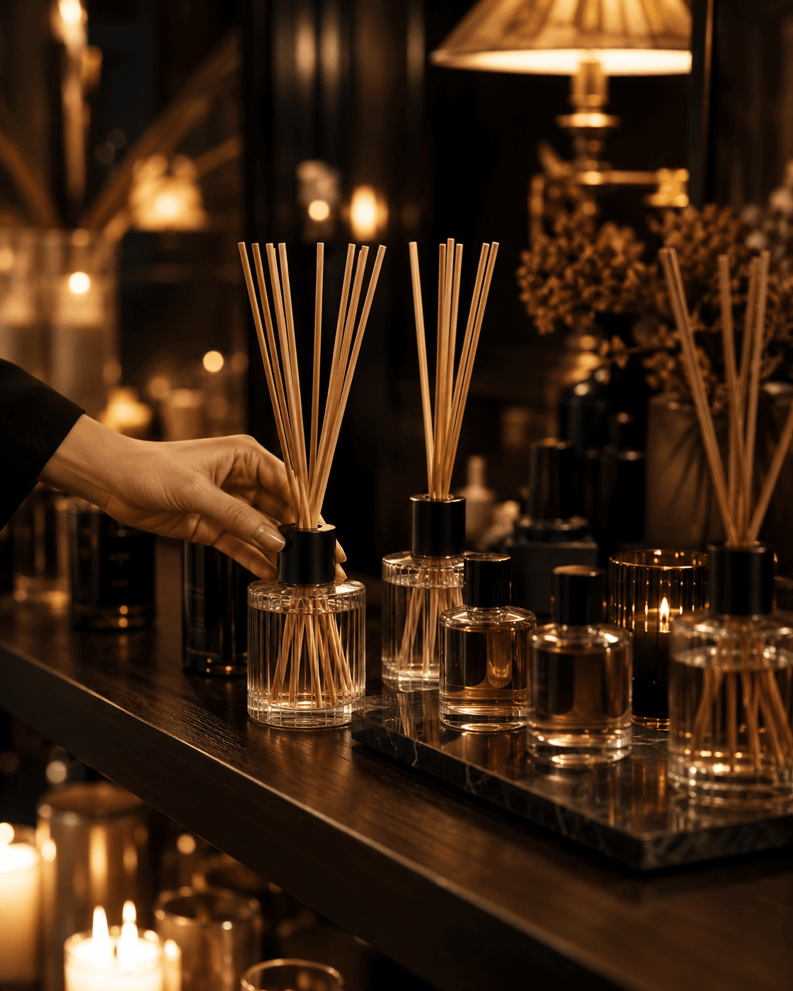 Difusores de aroma sobre mesa escura com velas e luz ambiente dourada