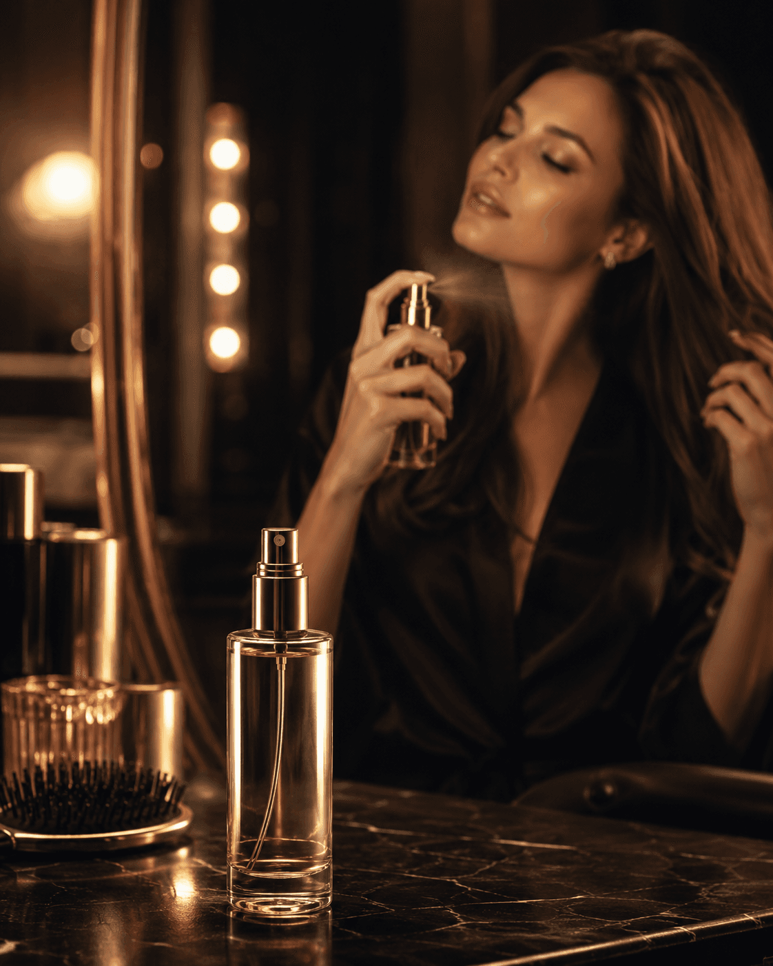 Mulher aplicando perfume de cabelo em toucador com luz dourada